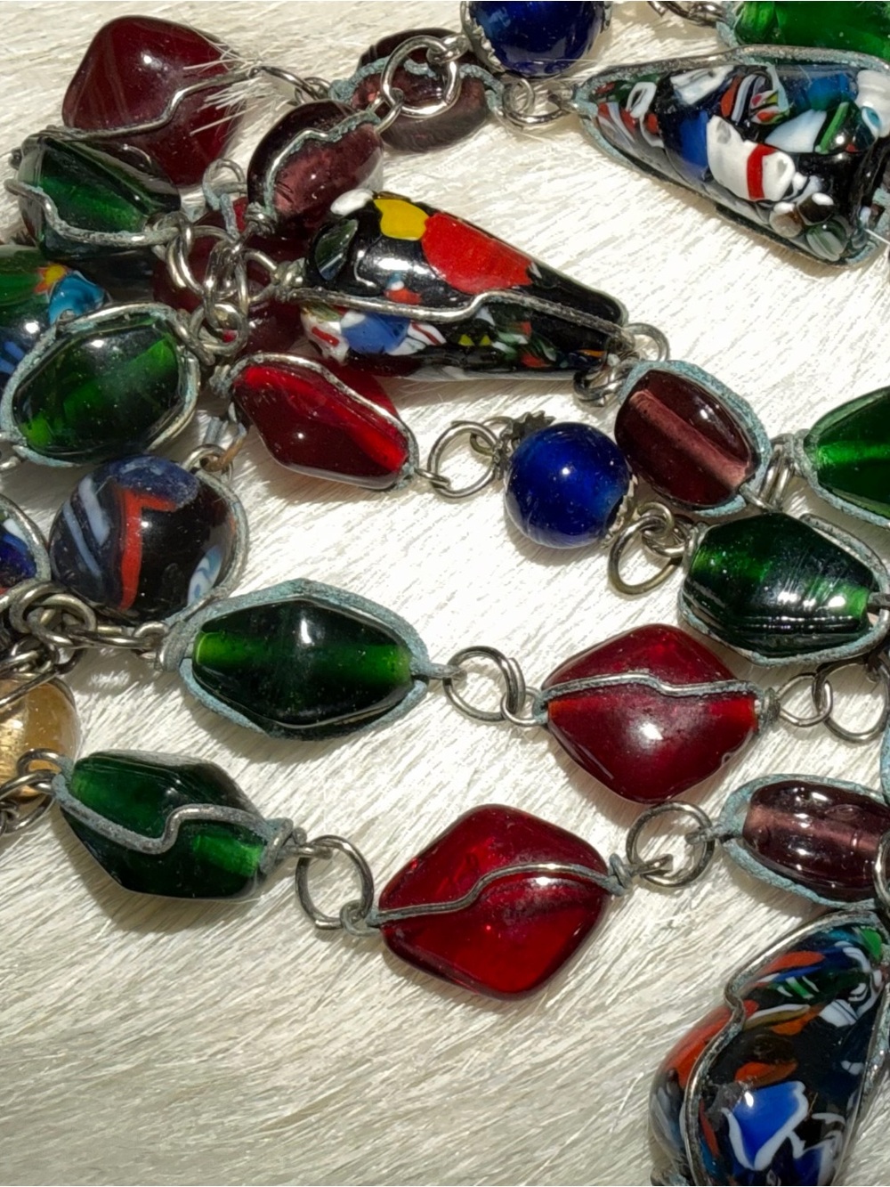 Vintage Murano Lampwork Wire wrapped Glass Beads Necklace Long